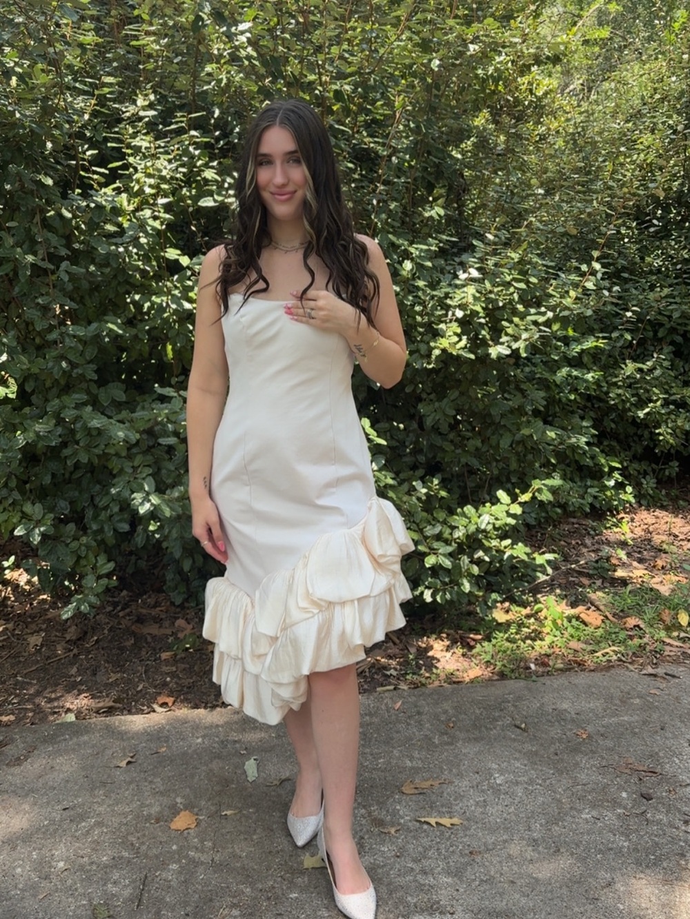 Bronx and Banco Cream Ruffle-Hem Midi Dress